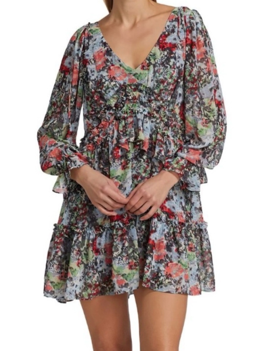 Cinq à Sept Lewis Floral Georgette Dress Size 4 Ruffle Tiered Long Sleeve